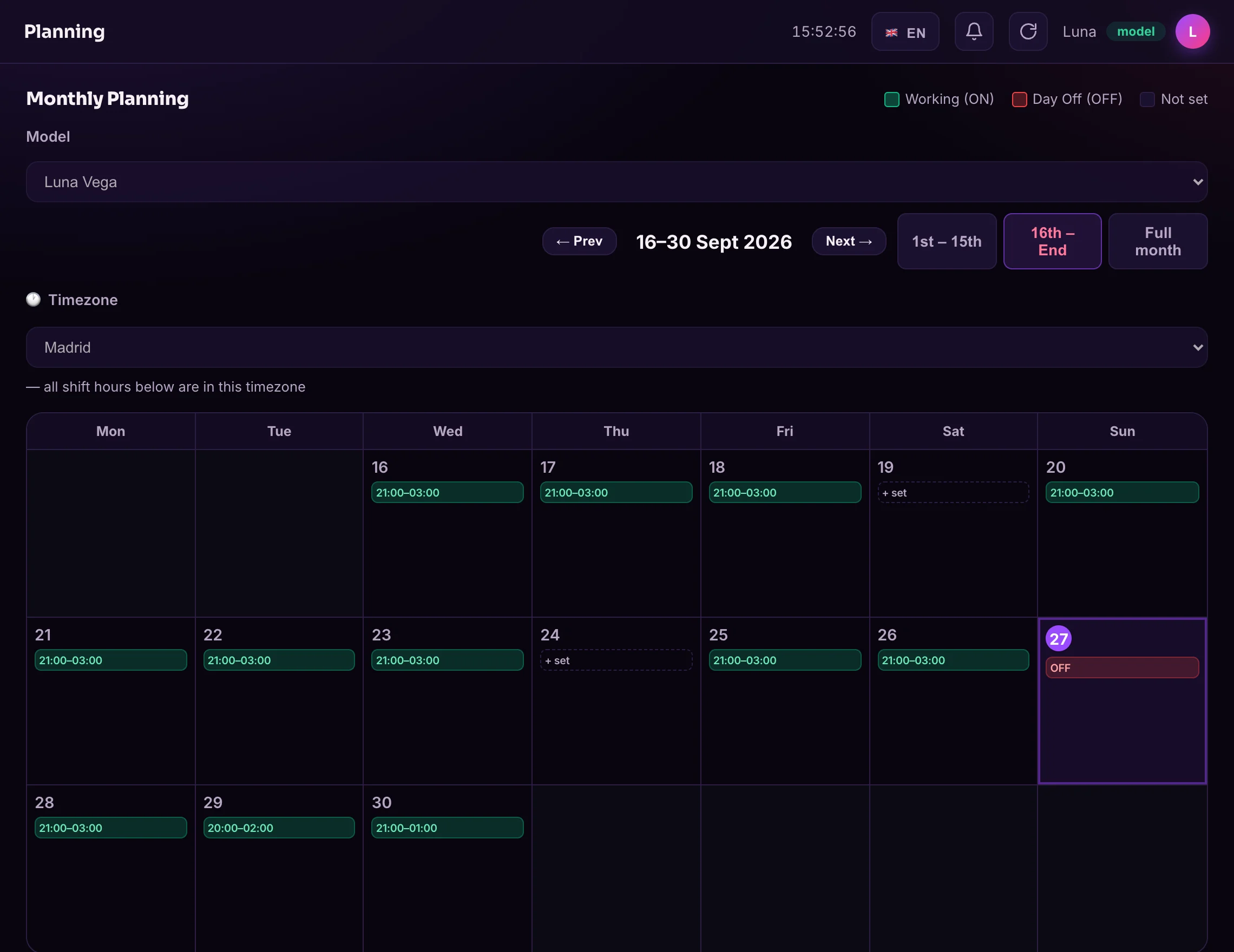 Elixr platform: a creator's monthly planning with shifts shown in her own timezone